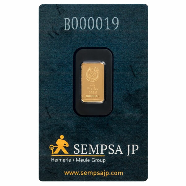 SEMPSA 2,5 Gram Gold Bar sold through Silver Stonks, packaged, front.
