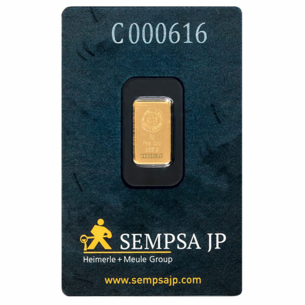 SEMPSA 5 gram gold bar sold through Silver Stonks, packaged